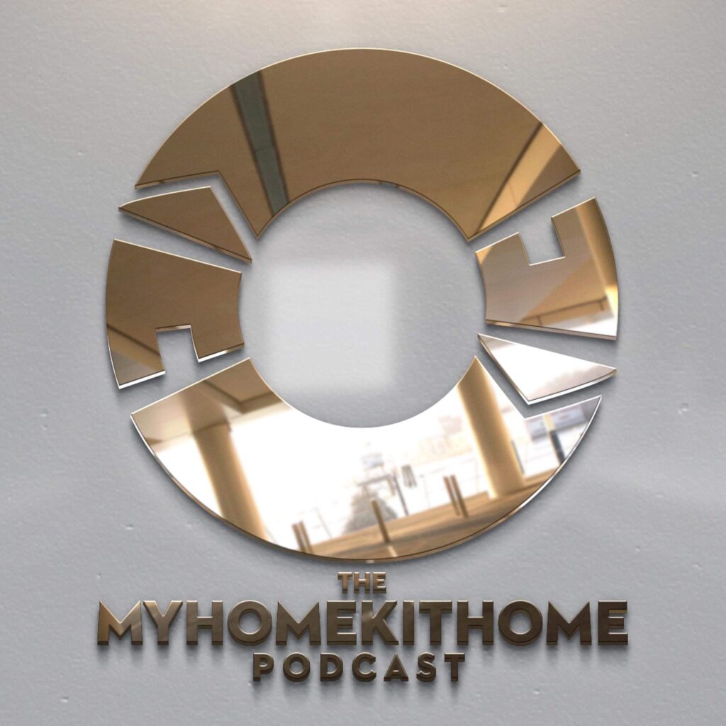 The myHomeKithome Podcast logo in gold-tinted chrome on a gray plaster wall