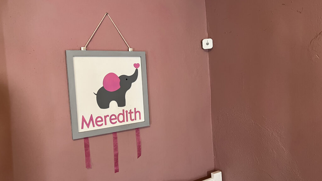 Eve Motion mounted on ceiling in corner of a pink walled room with a sign showing a painted elephant reading "Meredith"